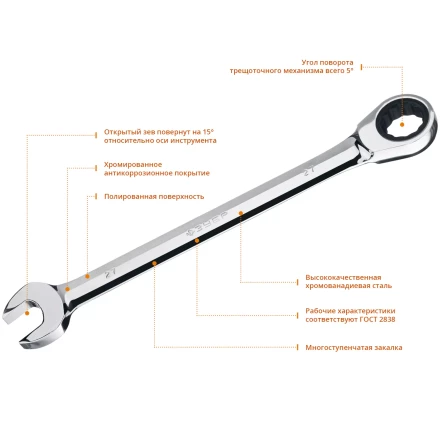 ЗУБР 27 мм, комбинированный трещоточный гаечный ключ, Профессионал (27074-27) купить в Нижневартовске