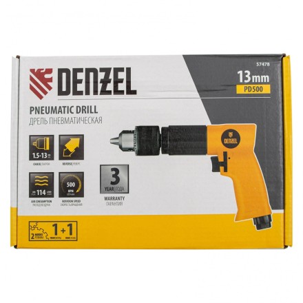 Пневматическая дрель Denzel 57478 PD500, 500 об/мин, 114 л/мин, 13 мм купить в Нижневартовске