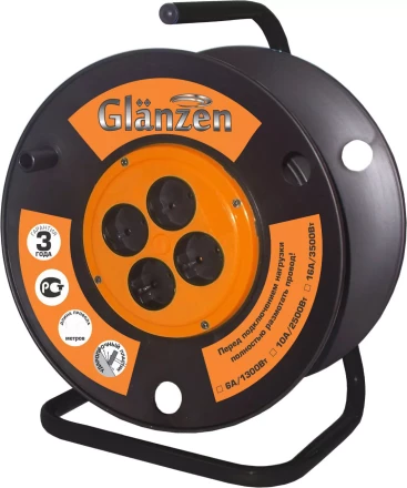 Катушка без провода GLANZEN 4 штепсельных гнезда с заземлением Ф210мм EK-00-210 купить в Нижневартовске