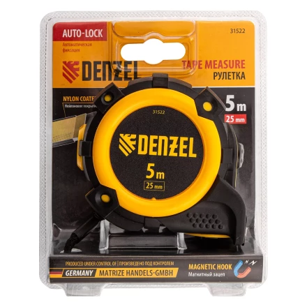 Рулетка Denzel 5м х 25мм, автоматич. фиксац., нейлон. покрытие, магнит. зацеп, двухстор. разметка 31522 купить в Нижневартовске