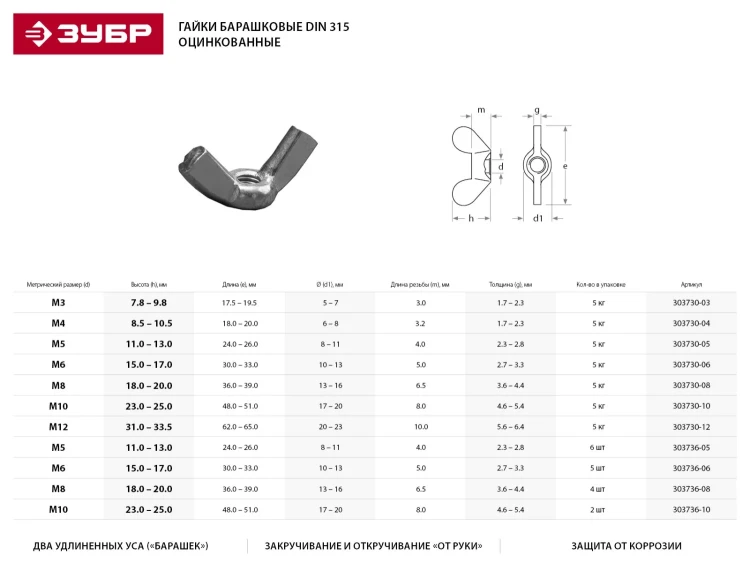 Гайка DIN 315 барашковая, M8, 4 шт, оцинкованная, ЗУБР 303736-08 купить в Нижневартовске