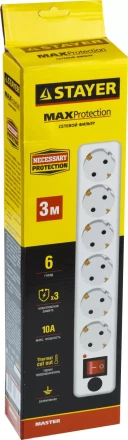Сетевой фильтр STAYER &quot;MASTER&quot; электрический, 6 гнезд, заземление, макс. мощн. 2200 Вт, 3м 55067-3 купить в Нижневартовске