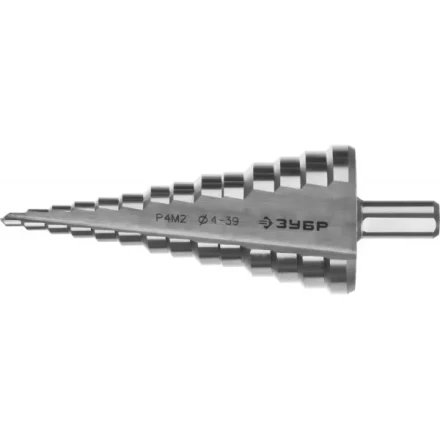 Сверло ЗУБР &quot;МАСТЕР&quot; ступенчатое по сталям и цвет.мет., быстрорежущая сталь, d=4-39мм,14ступ.d=4-39, L -113 мм, трехгран.хв. 10мм 29665-4-39-14 купить в Нижневартовске