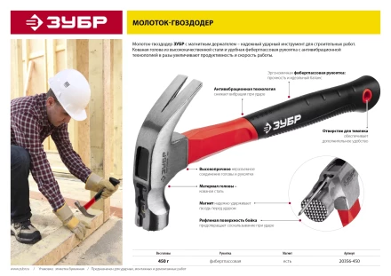 Молоток-гвоздодер ЗУБР &quot;МАСТЕР&quot;, боек c магнитом и фиберглассовой рукояткой, 450 г 20356-450 купить в Нижневартовске