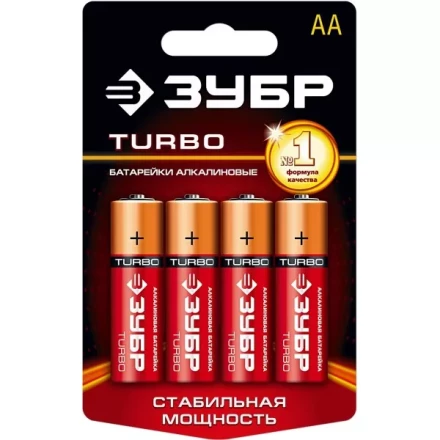 Батарейка Зубр "TURBO" щелочная (алкалиновая), тип AA, 1,5В, 4шт на карточке 59213-4C купить в Нижневартовске