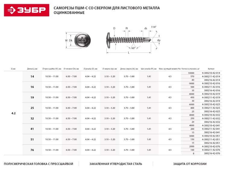 Саморезы ЗУБР с прессшайбой и сверлом по листовому металлу до 2 мм, PH2, 4,2х14 мм, 40шт 300216-42-014 купить в Нижневартовске