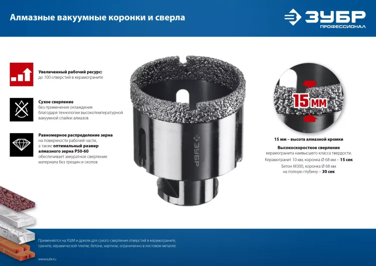 ЗУБР АВК, d 55 мм, (М14, 15 мм кромка), вакуумная алмазная коронка, Профессионал (29865-55) купить в Нижневартовске