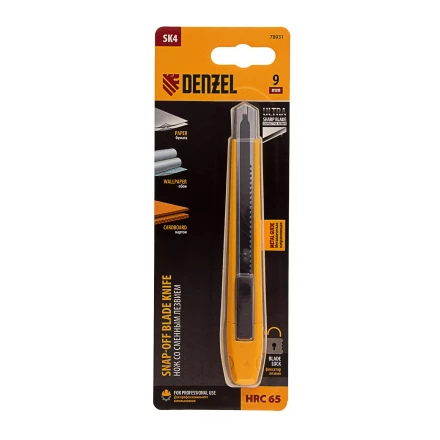 Нож, 9 мм, сменное лезвие, SK4, метал. направляющая, клипса, нажимной фиксатор// Denzel 78931 купить в Нижневартовске