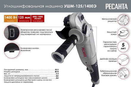 Углошлифовальная машина (болгарка) Ресанта УШМ-125/1400Э 75/12/5 купить в Нижневартовске