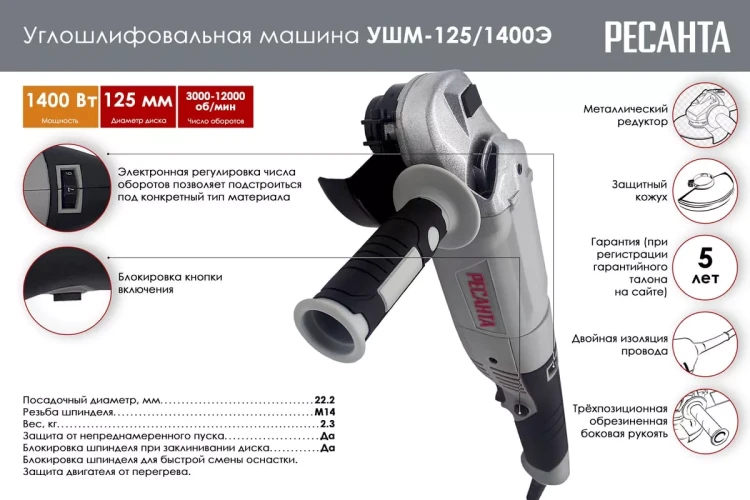 Углошлифовальная машина (болгарка) Ресанта УШМ-125/1400Э 75/12/5 купить в Нижневартовске
