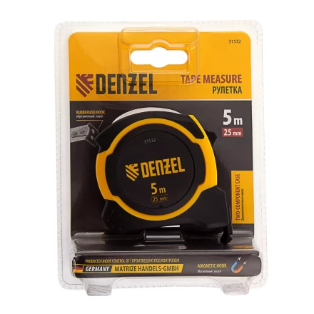 Рулетка Denzel 5м х 25мм, двухкомп. корпус, магнитный обрезиненный зацеп, 31532 купить в Нижневартовске