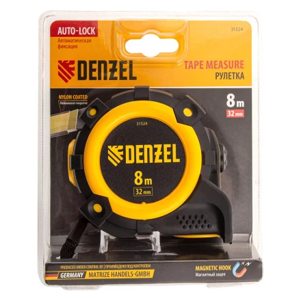 Рулетка Denzel 8м х 32мм, автоматич. фиксац., нейлон. покрытие, магнит. зацеп, двухстор. разметка, 31524 купить в Нижневартовске