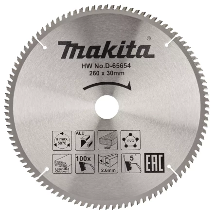 Диск пильный универсальный для алюминия/дерева/пластика Makita D-65654, 260x30x1.8 мм; 100 зубьев купить в Нижневартовске