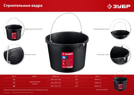ЗУБР 16 л, ударопрочный пластик, с носиком, строительное ведро (06093-16) купить в Нижневартовске