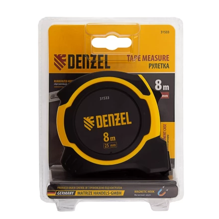 Рулетка Denzel 8м х 25мм, двухкомп. корпус, магнитный обрезиненный зацеп, 31533 купить в Нижневартовске