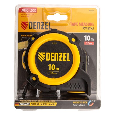 Рулетка Denzel 10м х 32мм, автоматич. фиксац., нейлон. покрытие, магнит. зацеп, двухстор. разметка, 31525 купить в Нижневартовске