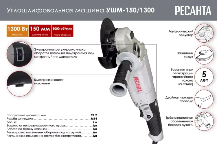 Углошлифовальная машина (болгарка) Ресанта УШМ-150/1300 75/12/6 купить в Нижневартовске