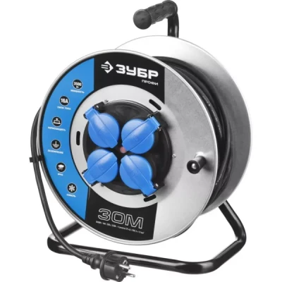 Удлинитель ЗУБР "ПРОФИ" на металл катушке, КГ 3х1,5кв мм, морозостойкий, 4 гнезда, IP44, макс мощность 3500Вт, 30м 55085-30