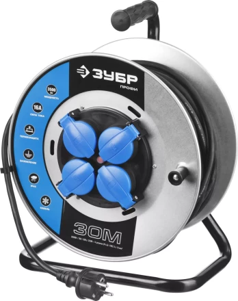 Удлинитель ЗУБР "ПРОФИ" на металл катушке, КГ 3х1,5кв мм, морозостойкий, 4 гнезда, IP44, макс мощность 3500Вт, 30м 55085-30 купить в Нижневартовске