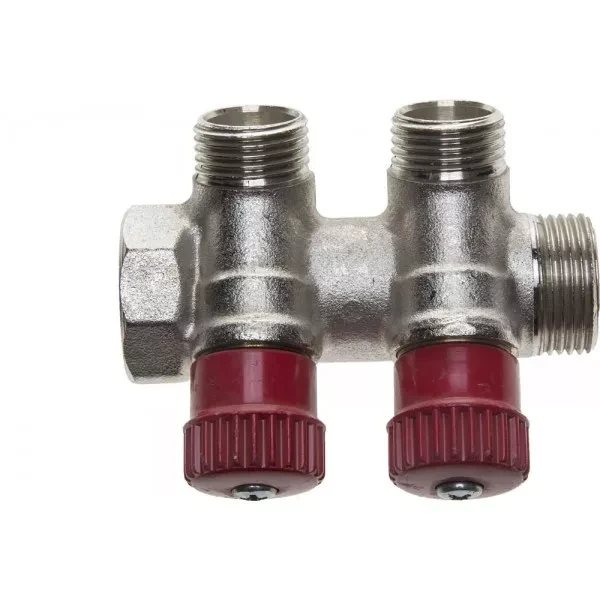 Коллектор GENERAL FITTINGS для горячей воды, вентили, никелированная латунь, вход 3/4" - 2 выхода 1/2" 51046-3/4-1/2-HT2 купить в Нижневартовске