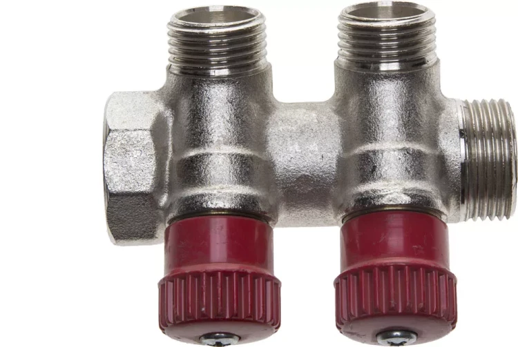Коллектор GENERAL FITTINGS для горячей воды, вентили, никелированная латунь, вход 3/4" - 2 выхода 1/2" 51046-3/4-1/2-HT2 купить в Нижневартовске