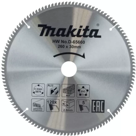 Диск пильный универсальный для алюминия/дерева/пластика Makita D-65660, 260x30x1.8 мм; 120 зубьев купить в Нижневартовске