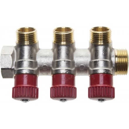 Коллектор GENERAL FITTINGS для горячей воды, вентили, никелированная латунь, вход 3/4&quot; - 3 выхода 1/2&quot; 51046-3/4-1/2-HT3 купить в Нижневартовске