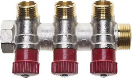 Коллектор GENERAL FITTINGS для горячей воды, вентили, никелированная латунь, вход 3/4" - 3 выхода 1/2" 51046-3/4-1/2-HT3 купить в Нижневартовске