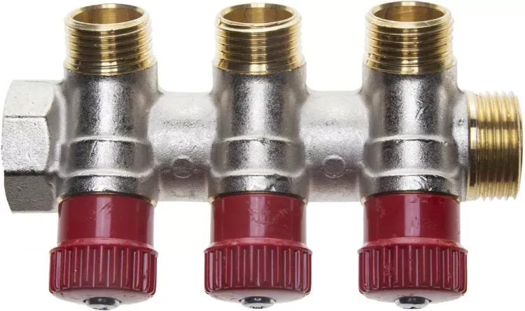 Коллектор GENERAL FITTINGS для горячей воды, вентили, никелированная латунь, вход 3/4" - 3 выхода 1/2" 51046-3/4-1/2-HT3 купить в Нижневартовске