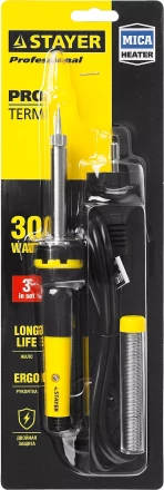 Паяльник с двухкомпонентной рукояткой и долговечным жалом, STAYER "PROFI" PROTerm, 55300-30, в комплекте (припой и подставка), 30 Вт, конус 55300-30 купить в Нижневартовске