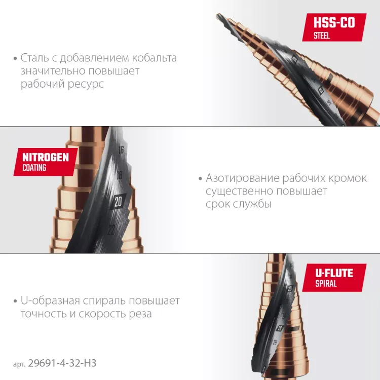 Набор ступенчатых сверл, сталь c кобальтом, спиральная проточка, 3Т хвостовик 29691-4-32-H3 купить в Нижневартовске