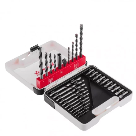 Набор сверл комбинированный сверла по металлу 1-6 мм бетону 4-8 мм дереву 4-8 мм биты 10 шт адаптер зенковка 31 предмет Pro Matrix 725631 купить в Нижневартовске