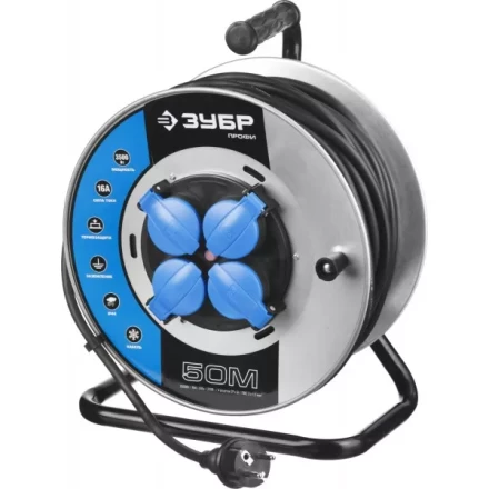 Удлинитель ЗУБР "ПРОФИ" на металл катушке, КГ 3х1,5кв мм, морозостойкий, 4 гнезда, IP44, макс мощность 3500Вт, 50м 55085-50 купить в Нижневартовске