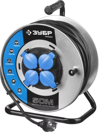 Удлинитель ЗУБР "ПРОФИ" на металл катушке, КГ 3х1,5кв мм, морозостойкий, 4 гнезда, IP44, макс мощность 3500Вт, 50м 55085-50 купить в Нижневартовске