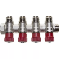 Коллектор GENERAL FITTINGS для горячей воды, вентили, никелированная латунь, вход 3/4" - 4 выхода 1/2" 51046-3/4-1/2-HT4