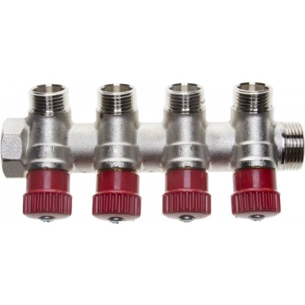 Коллектор GENERAL FITTINGS для горячей воды, вентили, никелированная латунь, вход 3/4&quot; - 4 выхода 1/2&quot; 51046-3/4-1/2-HT4 купить в Нижневартовске