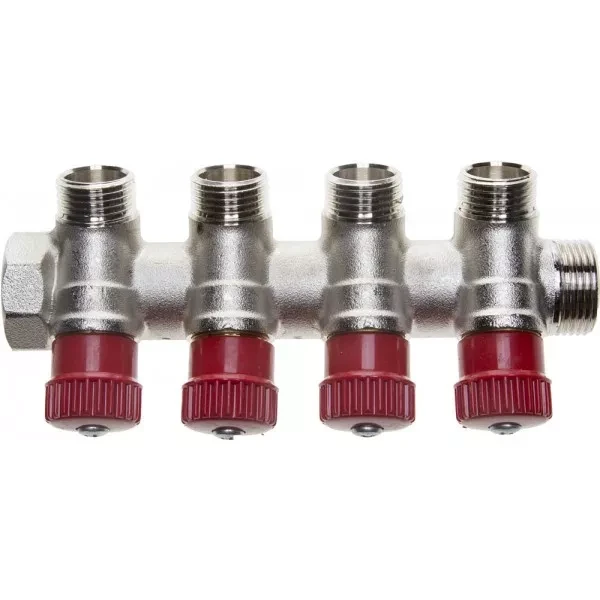 Коллектор GENERAL FITTINGS для горячей воды, вентили, никелированная латунь, вход 3/4" - 4 выхода 1/2" 51046-3/4-1/2-HT4 купить в Нижневартовске
