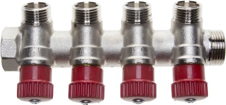 Коллектор GENERAL FITTINGS для горячей воды, вентили, никелированная латунь, вход 3/4&quot; - 4 выхода 1/2&quot; 51046-3/4-1/2-HT4 купить в Нижневартовске