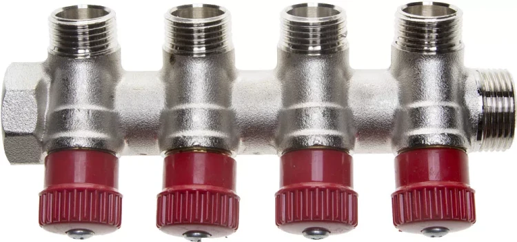 Коллектор GENERAL FITTINGS для горячей воды, вентили, никелированная латунь, вход 3/4" - 4 выхода 1/2" 51046-3/4-1/2-HT4 купить в Нижневартовске