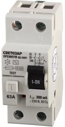 Выключатель дифференциальный "УЗО" СВЕТОЗАР "ПРЕМИУМ", 2-полюсный, 63 A, "AC", откл.диф.ток. 300 мА, 230 В SV-49132-300-63 купить в Нижневартовске