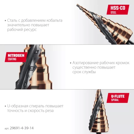 Ступенчатые сверла, сталь c кобальтом, спиральная проточка, 3Т хвостовик 29691-4-39-14 купить в Нижневартовске