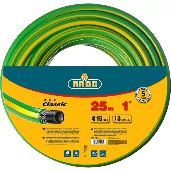 Шланг RACO "CLASSIC" поливочный, 15атм., армированный, 3-х слойный, 1"х25м 40306-1-25 купить в Нижневартовске