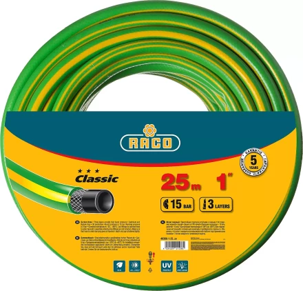 Шланг RACO "CLASSIC" поливочный, 15атм., армированный, 3-х слойный, 1"х25м 40306-1-25 купить в Нижневартовске