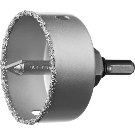 Коронка-чашка ЗУБР "ПРОФЕССИОНАЛ" c карбид-вольфрамовым нанесением, 64 мм, высота 25 мм, в сборе с державкой и сверлом 33360-064_z01 купить в Нижневартовске