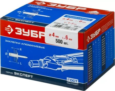 Заклепки ЗУБР алюминиевые, 4,0x 6мм, 500шт 31305-40-06 купить в Нижневартовске