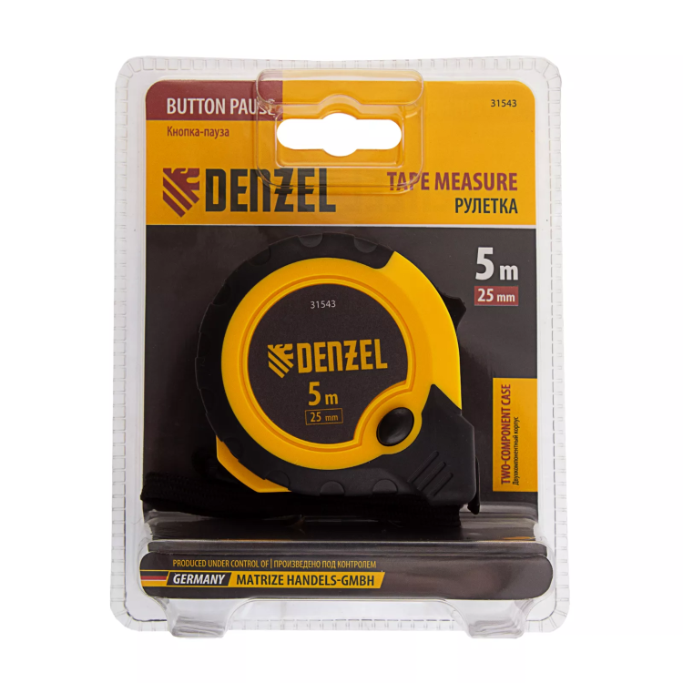 Рулетка Denzel 5м х 25мм, двухкомп. корпус, кнопка-пауза, 31543 купить в Нижневартовске