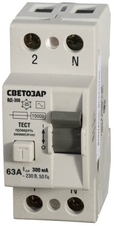Выключатель дифференциальный &quot;УЗО&quot; СВЕТОЗАР, 2-полюсный, 63 A, &quot;AC&quot;, откл.диф.ток. 300 мА, 230 В SV-49172-300-63 купить в Нижневартовске