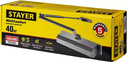 Доводчик дверной STAYER, для дверей массой до 40 кг, цвет серебро 37915-50 купить в Нижневартовске