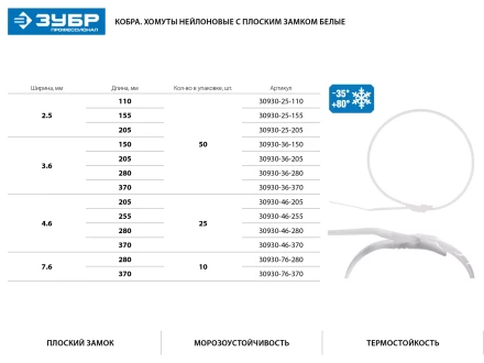 Кабельные стяжки белые КОБРА, с плоским замком, 4.6 х 255 мм, 25 шт, нейлоновые, ЗУБР 30930-46-255 купить в Нижневартовске