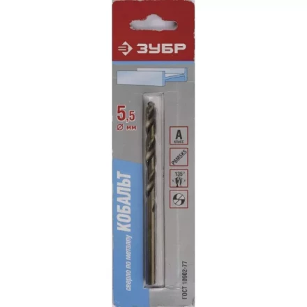 Сверло ЗУБР "КОБАЛЬТ" по металлу, цилиндрический хвостовик, быстрорежущая сталь Р6М5К5, класс точности А1, 5,5х93мм, 1шт 4-29626-093-5.5 купить в Нижневартовске